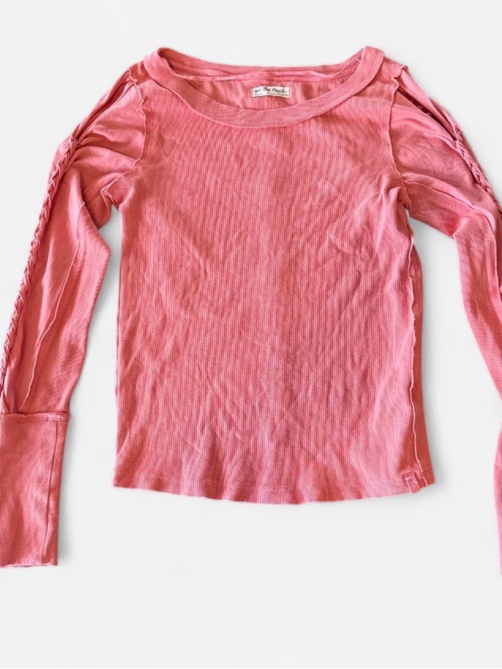 Free People Long Sleeve Pink Ribbed Top with Braided Sleeve Detail